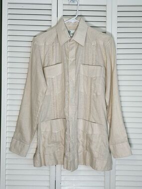Panabrisa Coron 100% Linen Shirt Men’s Size S Ivory Guayabera Long Sleeves